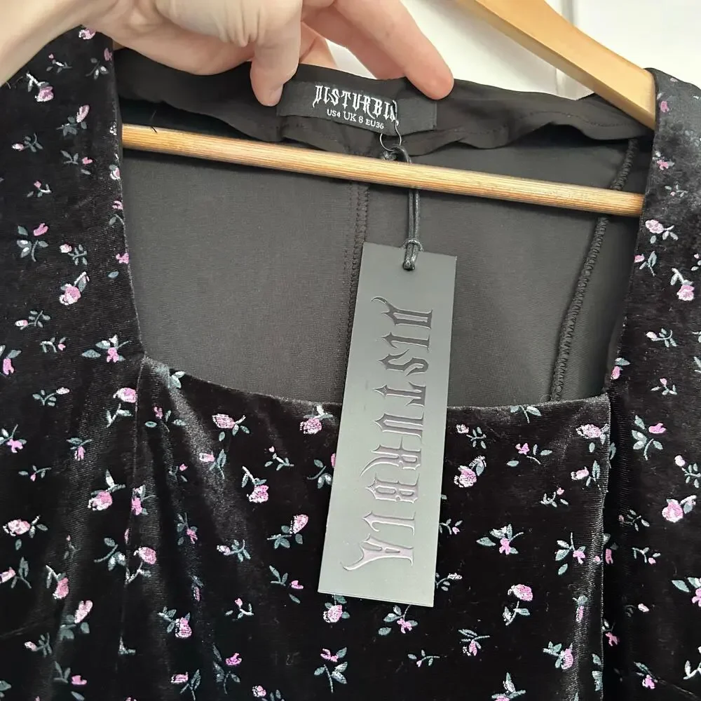 NWT Disturbia Woe Floral Midi Dress Velvet Womens 4 Black Square Neck Whimsigoth - Picture 6 of 12